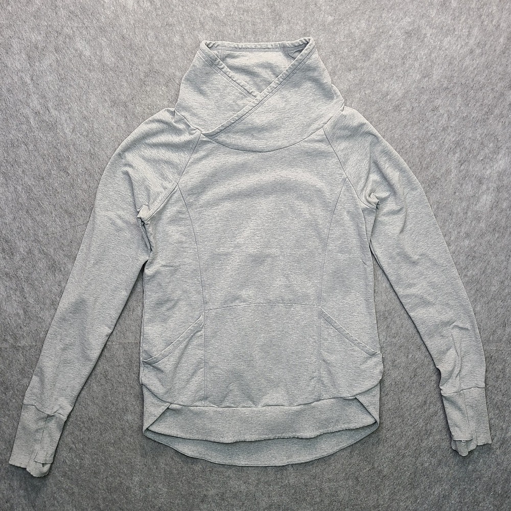 Athleta Track Pullover Sweatshirt SMALL Gray Slouchy Cowl Neck Thumb Hole Pocket